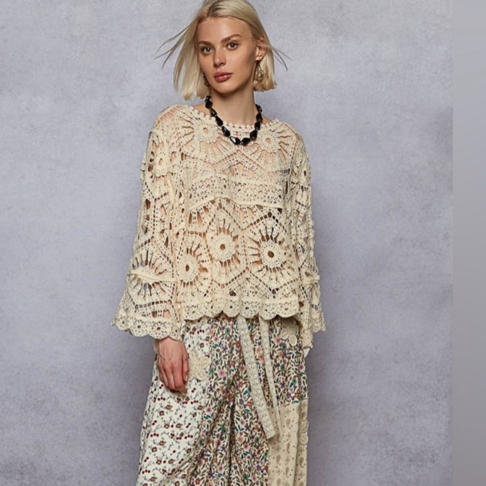 NWOT POL CREAM CROCHET PATCHWORK TOP SZ:O/S - Picture 5 of 5